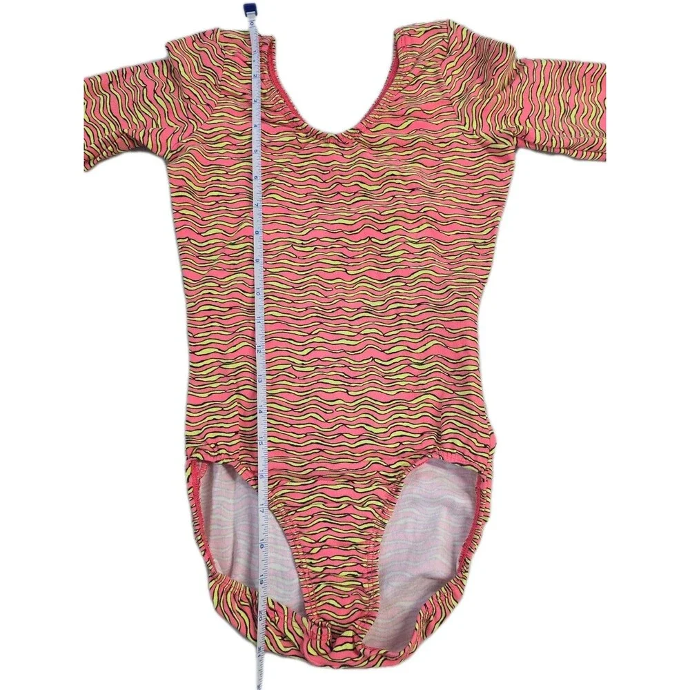 GK Elite VTG 90s Neon Zig Zag Zebra LS Cotton Leotard Bodysuit Pink AXS Adult XS
